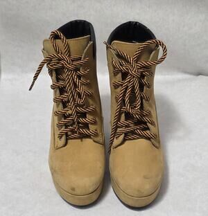 Steve Madden RUSSTY Tan Leather Platform Heeled Boots W 7M -Moto Combat Style